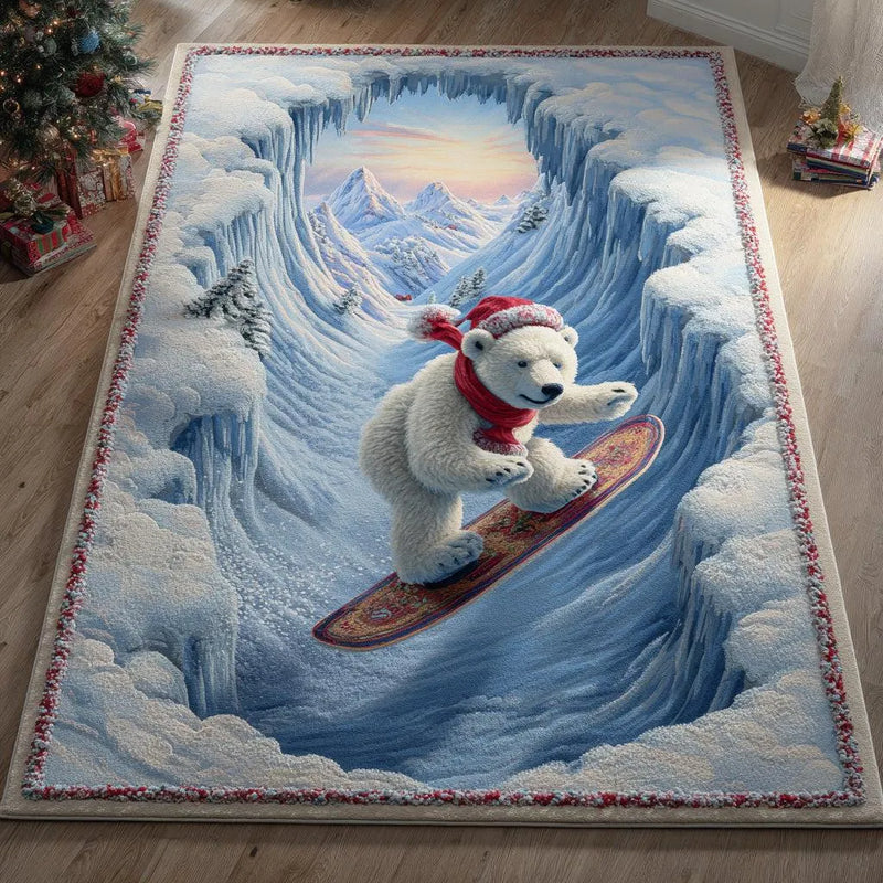 Winter Scene Area Rug, Snowboarding Polar Bear Area Rug, Snowy Animal Floor Rug, Comfy Holiday Flannel Rug, Christmas Home Decor Present
