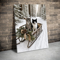 Snowy Forest Cat Wall Art, Winter Cats in Sled Canvas, Rustic Christmas Cat Canvas Print, Tuxedo Tabby Cat Wall Decor
