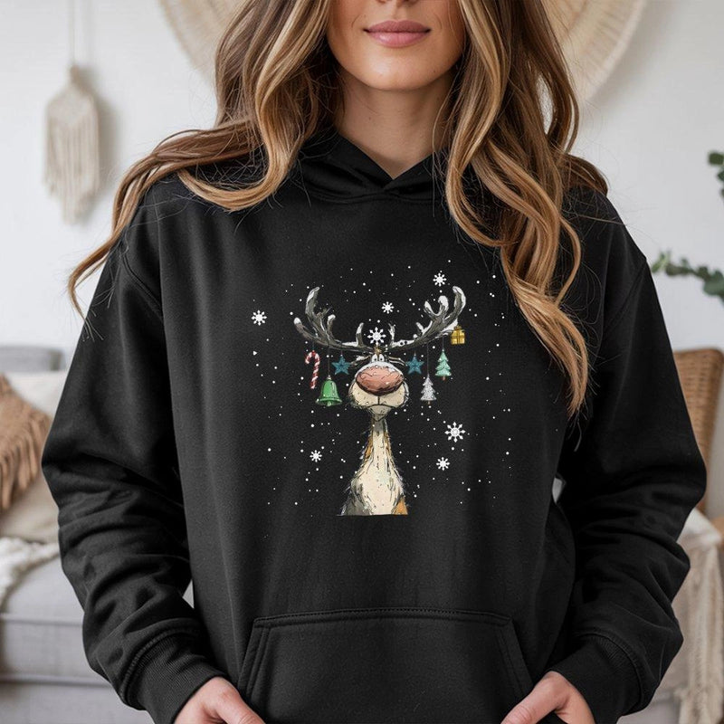 Humorous Decorated Antlers Christmas Sweatshirt, Adorable Reindeer Hoodie, Festive Holiday Animal Pullover, Comfy Winter Xmas Sweater
