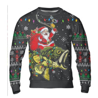 Bass Fisherman Holiday Sweater, Santa Claus Fishing Ugly Christmas Sweater, Humorous Angler Fish Ugly Sweater