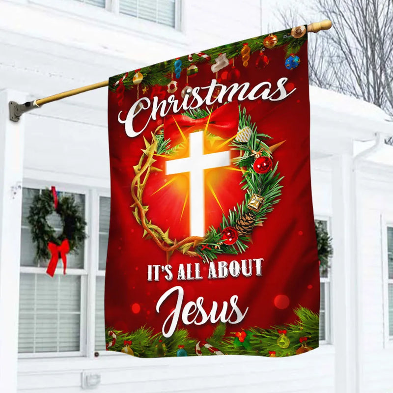 Crown of Thorns Cross Yard Flag, Christmas Its All About Jesus Garden Flag, Religious Wreath Holiday Lawn Flag, Faith Home Decor Present