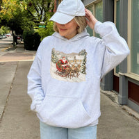 Retro Santa Sleigh and Reindeer Hoodie, Vintage Santa Hoodie, Nostalgic Santa Christmas Sweatshirt, Comfy Holiday Graphic Hooded Pullover
