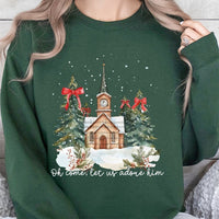 Watercolor Church Christmas Crewneck, Oh Come Let Us Adore Him Sweatshirt, Christian Nativity Religious Pullover, Holiday Faith Sweater