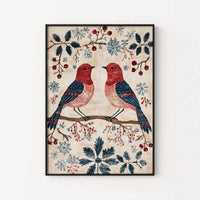 Vintage Tapestry Robins & Snowflakes Print, Winter Birds Wall Art, Christmas Bird Wall Poster, Rustic Holiday Farmhouse Decor Present