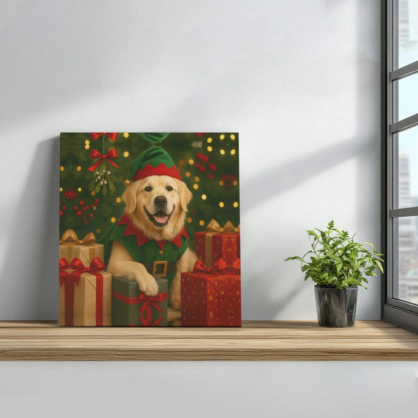 Adorable Dog Elf Costume Canvas Wall Art, Golden Retriever Christmas Canvas Print, Holiday Dog Lover Canvas Art, Winter Pet D