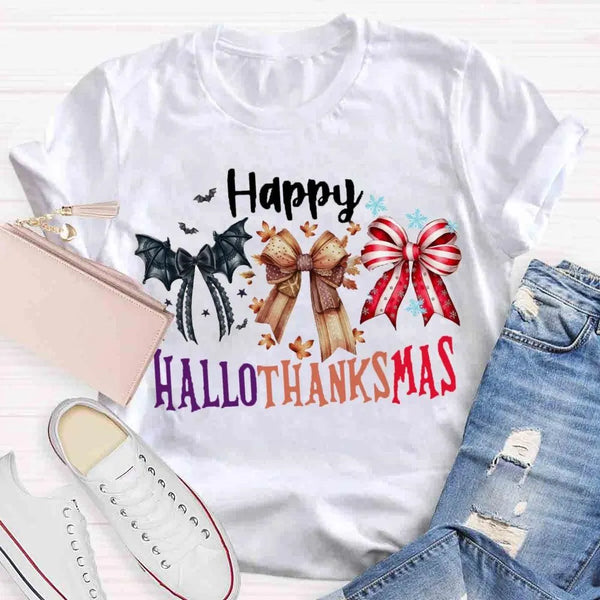 Halloween Thanksgiving Christmas Shirt, Happy Hallothanksmas Bow T-Shirt, Humorous Fall Holiday Mashup Graphic Tee, Autumn Co