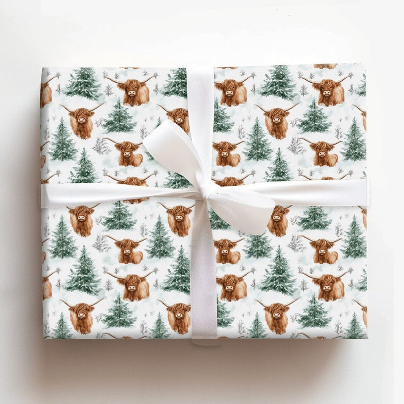 Snowy Pine Christmas Gift Wrap, Highland Cow Wrapping Paper, Scottish Cattle Winter Wrapping Paper, Rustic Farmhouse Holiday Gift Wrap