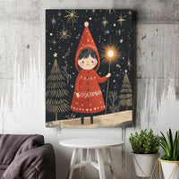 Whimsical Gnome Canvas Print, Winter Forest Girl Canvas Wall Art, Star Wand Holiday Canvas, Magical Christmas Wall Decor, Winter Art Present