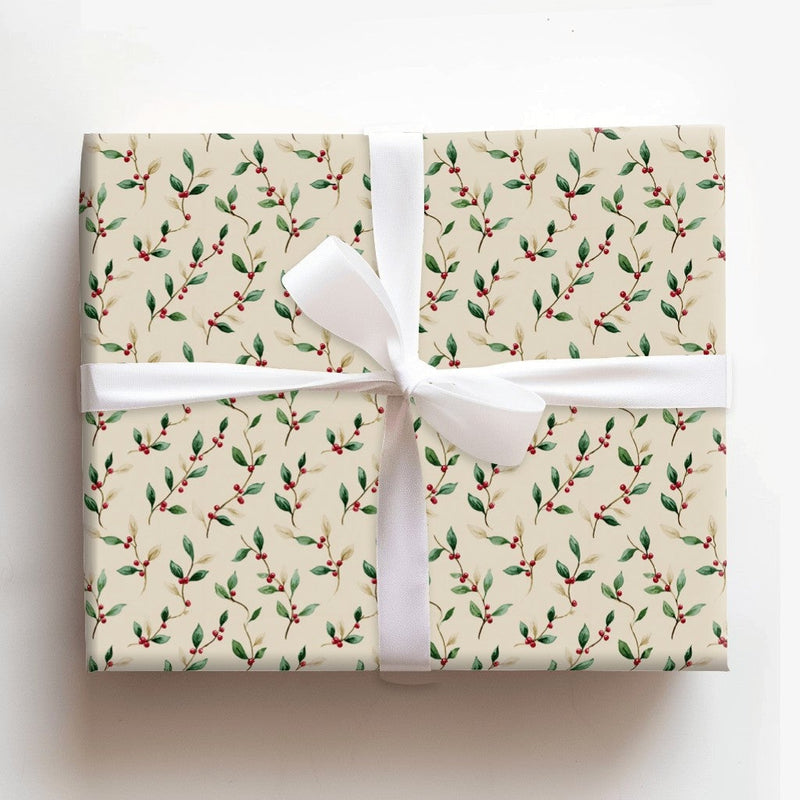 Classic Christmas Gift Wrap, Watercolor Holly Berry Wrapping Paper, Botanical Holiday Wrapping Paper, Winter Berry Gift Wrap Roll