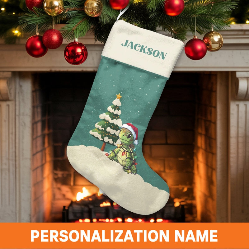 Sea Turtle Santa Holiday Stocking, Adorable Turtle Christmas Stocking, Personalized Christmas Stocking, Adorable Animal Fireplace Decor Xmas Present