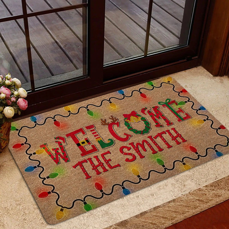 Custom Name Entry Mat, Personalized Christmas Doormat, Non-Slip Holiday Welcome Mat, Winter Front Porch Rug, Seasonal Home Decor Present
