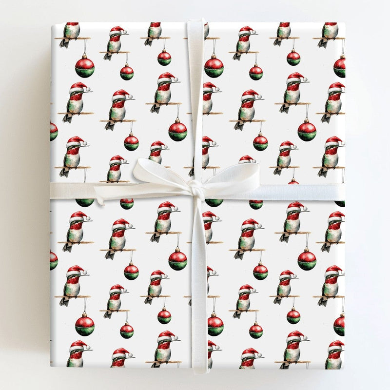 Xmas Bird Gift Wrap, Santa Hat Hummingbird Wrapping Paper, Festive Ornament Holiday Paper, Christmas Gift Wrap Roll