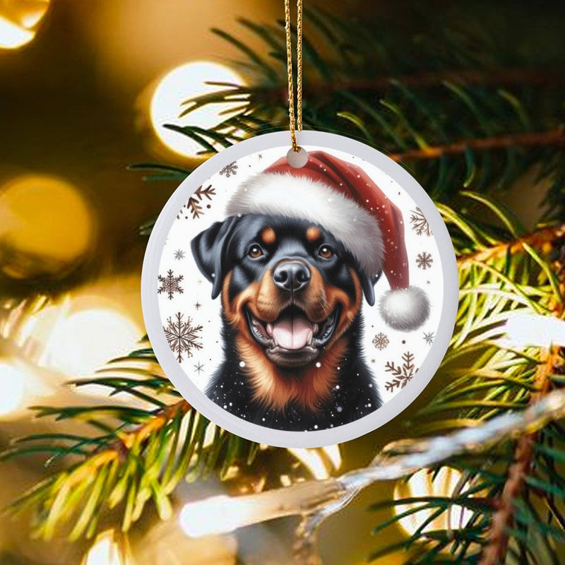 Santa Hat Dog Ceramic Ornament, Rottweiler Christmas Ornament, Adorable Puppy Holiday Tree Ornament, Pet Keepsake, Dog Lover Xmas Present