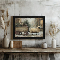 Sheep Winter Cart Canvas Print, Farmhouse Christmas Canvas Wall Art, Rustic Holiday Farm Canvas Painting, Comfy Seasonal Home Decor Present