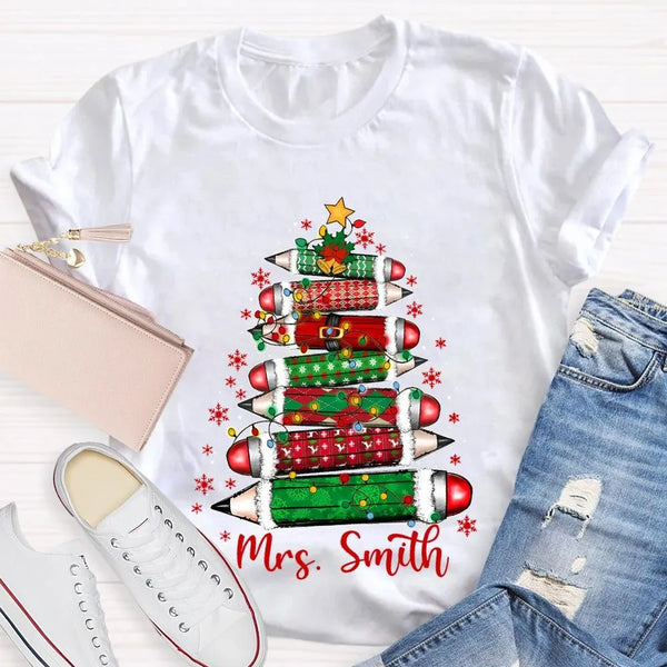 Custom Name Christmas Tree Shirt, Personalized Christmas Tree T-Shirt, Colored Pencil Christmas Tree Tee, Holiday Teacher Xma