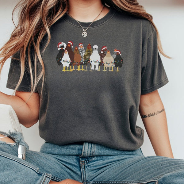 Humorous Holiday Chicken Shirt, Christmas Chicken T-Shirt, Festive Poultry Graphic Tee, Adorable Chicken Christmas Tee, Homes