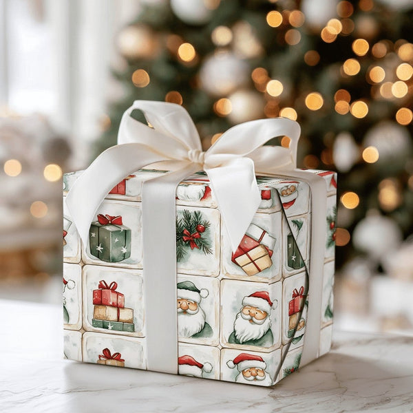 Vintage Christmas Gift Wrap, Watercolor Santa Claus Wrapping Paper, Holiday Present Wrapping Paper, Festive Grid Wrap Roll, X