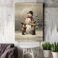Nostalgic Winter Scene Canvas Print, Vintage Children Building Snowman Canvas Wall Art, Christmas Holiday Canvas Decor