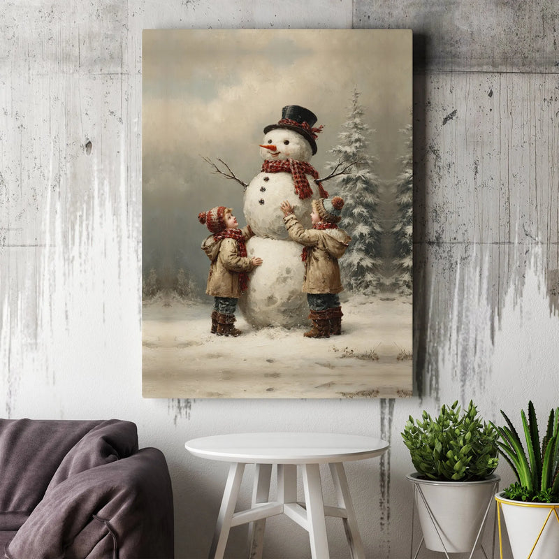 Nostalgic Winter Scene Canvas Print, Vintage Children Building Snowman Canvas Wall Art, Christmas Holiday Canvas Decor