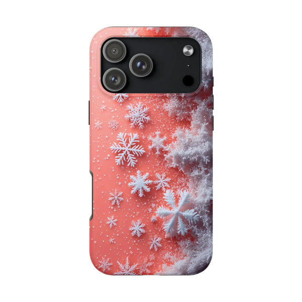 Winter Crystal Tough Phone Case, Frosted Snowflake Pink iPhone Phone Case, Aesthetic Holiday Christmas Dual Layer iPhone Case