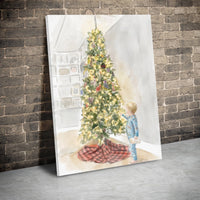 Watercolor Child in Pajamas Print, Christmas Tree Canvas Art, Holiday Nursery Canvas Wall Art, Festive Christmas Canvas Decor Present