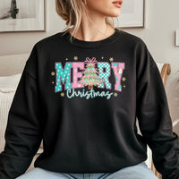 Pastel Checkered Tree Holiday Crewneck, Merry Christmas Sweatshirt, Adorable Aesthetic Xmas Sweater, Winter Holiday Pullover for Her