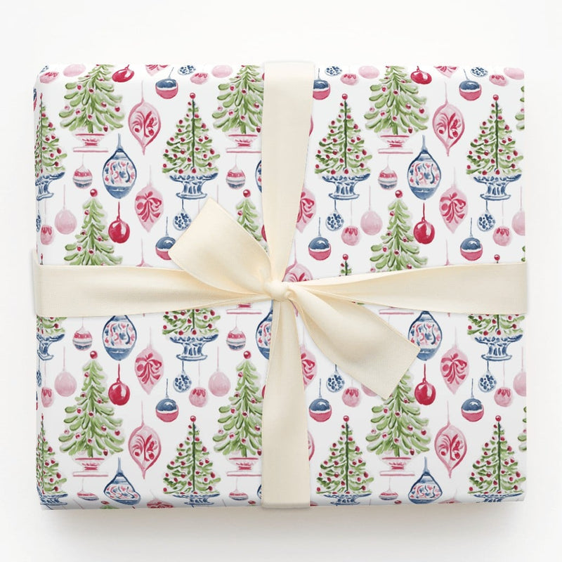 Potted Tree Holiday Gift Wrap, Watercolor Christmas Tree Wrapping Paper, Hanging Ornament Wrapping Paper, Festive Christmas Present Paper