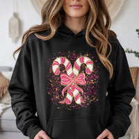 Coquette Bow Christmas Hoodie, Pink Candy Cane Hoodie, Aesthetic Candy Cane Hooded Sweatshirt, Adorable Xmas Candy Cane Pullover, Holiday Present