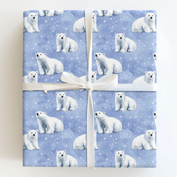 Snowy Night Polar Bear Gift Wrap, Polar Bear Christmas Wrapping Paper, Winter Wildlife Wrapping Paper, Holiday Present Wrappi