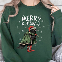 Humorous Raven Holiday Sweater, Merry F-Caw-F Christmas Sweatshirt, Goth Bird Lover Crewneck, Sarcastic Crow Pullover, Dark Humor Xmas Present