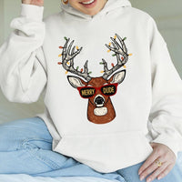 Humorous Christmas Deer Hoodie, Merry Dude Reindeer Hoodie, Xmas Lights Reindeer Graphic Hoodie, Holiday Season Pullover, Winter Holiday Present