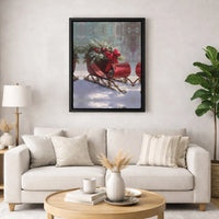 Snowy Pine Tree Holiday Canvas, Vintage Christmas Sleigh Canvas, Winter Red Bow Wall Art Canvas, Festive Seasonal Home Decor, Holiday Present