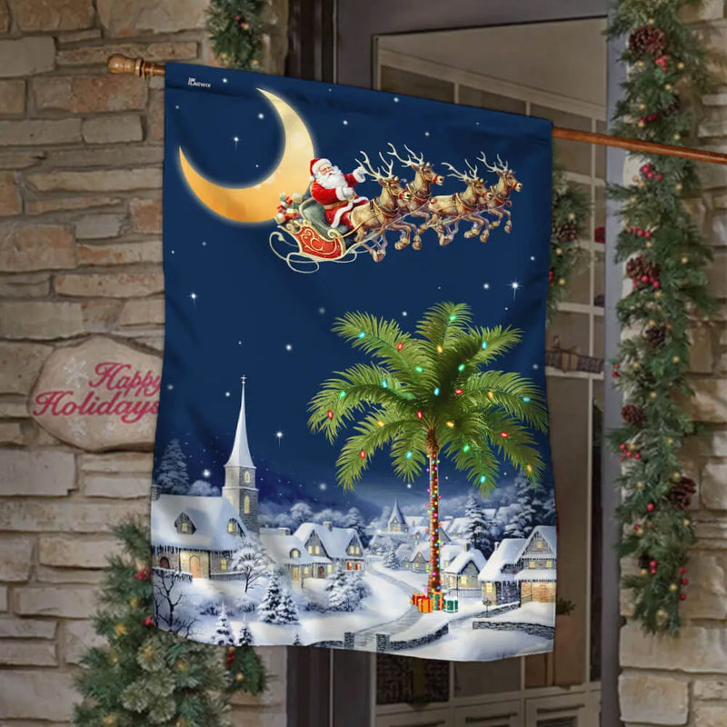 Santa Sleigh Palm Tree Yard Flag, South Carolina Christmas Garden Flag, Double-Sided Coastal Holiday Flag, Winter Lawn Decor Present
