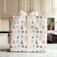 Potted Plant Holiday Gift Wrap, Watercolor Christmas Tree Wrapping Paper, Pastel Tree Present Paper, Winter Holiday Wrapping Paper Roll