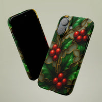 Stained Glass Botanical Phone Cover, Holly Berry iPhone Case, Christmas Floral Hard Case, Holiday Winter Tough Phone Protection
