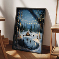 Comfy Night String Lights Wall Art, Winter Ice Skating Poster, Festive Snowy Holiday Art Print, Seasonal Christmas Decor Poster, Winter Present