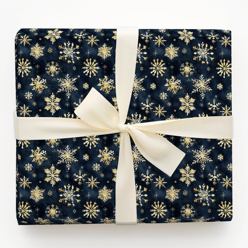 Navy Blue Winter Holiday Gift Wrap, Gold Snowflake Wrapping Paper, Luxury Snowflake Wrapping Paper, Elegant Christmas Present Paper Roll
