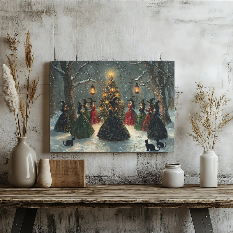 Snowy Forest Holiday Canvas Wall Decor, Witches Christmas Tree Canvas Art, Gothic Witchy Christmas Canvas Print, Spooky Winter Wall Art