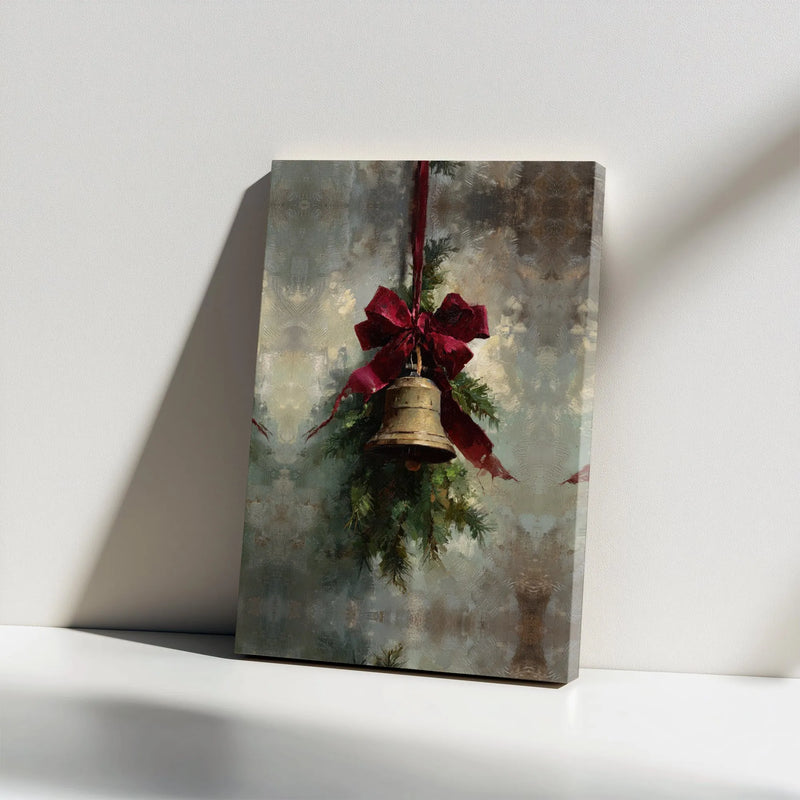 Red Bow Pine Branch Canvas Print, Vintage Christmas Bell Canvas Art, Holiday Wall Decor, Winter Painting Wall Art Canvas