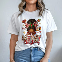 Afrocentric Holiday Woman T-Shirt, African American Merry Christmas T-Shirt, Melanin Queen Xmas Graphic Tee, Festive Black Holiday Shirt