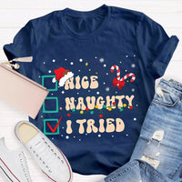 Humorous Family Christmas Holiday Shirt, Nice Naughty List Santa Hat Candy Cane T-Shirt, Christmas List Humor Tee, Adorable Christmas T-Shirt