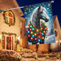 Winter Snow Scene Yard Flag, Horse Christmas Garden Flag, Festive Wreath Double Sided Outdoor Flag, Holiday Equestrian Lawn Decor