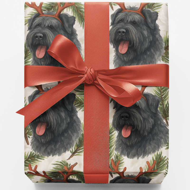 Holiday Dog Antlers Gift Wrap, Bouvier des Flandres Wrapping Paper, Winter Dog Breed Present Paper, Christmas Gift Wrap for Dog Lovers