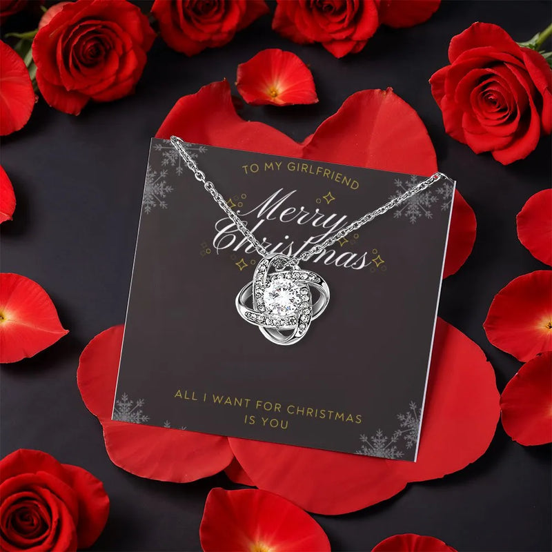 White Gold Finish Pendant, Love Knot Necklace for Girlfriend, CZ Crystal Love Knot Jewelry, Christmas Present for Her, Rotating Rose Box