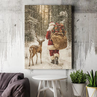 Snowy Forest Reindeer Canvas Print, Santa Claus Wall Art Canvas, Christmas Holiday Wall Decor, Winter Santa Canvas, Festive Holiday Present