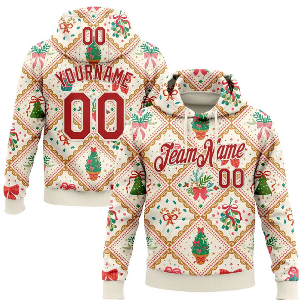 Personalized Name Number Holiday Hoodie, Custom Christmas Patchwork Hoodie, 3D Pattern Pullover Hoodie, Festive Sports Fan Sw