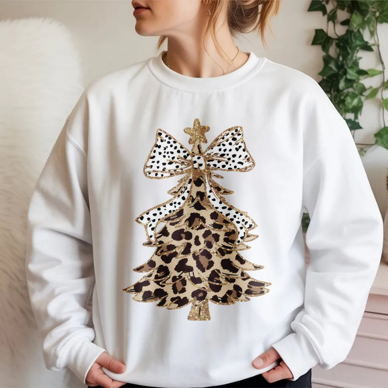Polka Dot Bow Holiday Sweatshirt, Leopard Print Christmas Tree Sweatshirt, Adorable Xmas Tree Crewneck, Festive Winter Graphic Sweatshirt