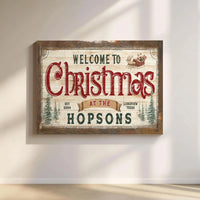 Rustic Santa Sleigh Canvas Wall Art, Personalized Family Christmas Sign, Custom Name Holiday Canvas Print, Farmhouse Xmas Wall Decor Present