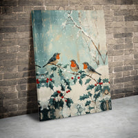 Snowy Holly Branch Bird Painting Printable Art, Winter Robin Canvas Digital Download, Christmas Wall Art Poster, Holiday Home Decor