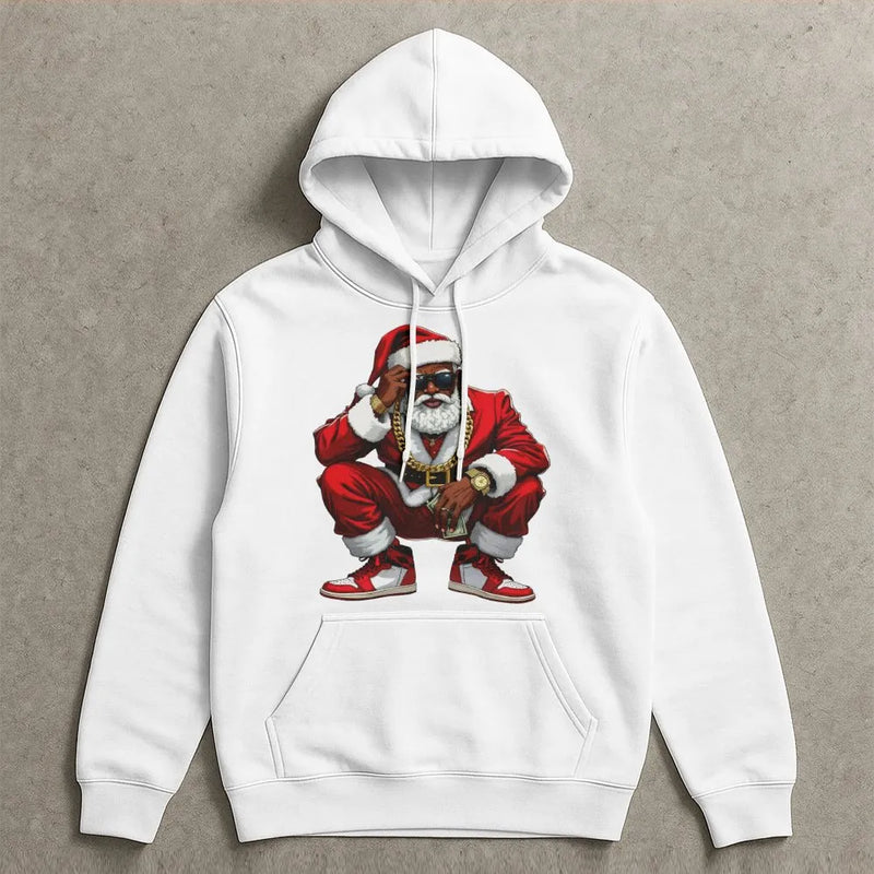 Hip Hop Streetwear Christmas Hoodie, Black Santa Hoodie, Humorous Retro Santa Hooded Sweatshirt, Urban Holiday Graphic Pullover, Present for Him
